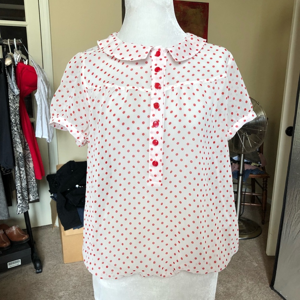 H&M Blouson red white polka dot top SZ 8